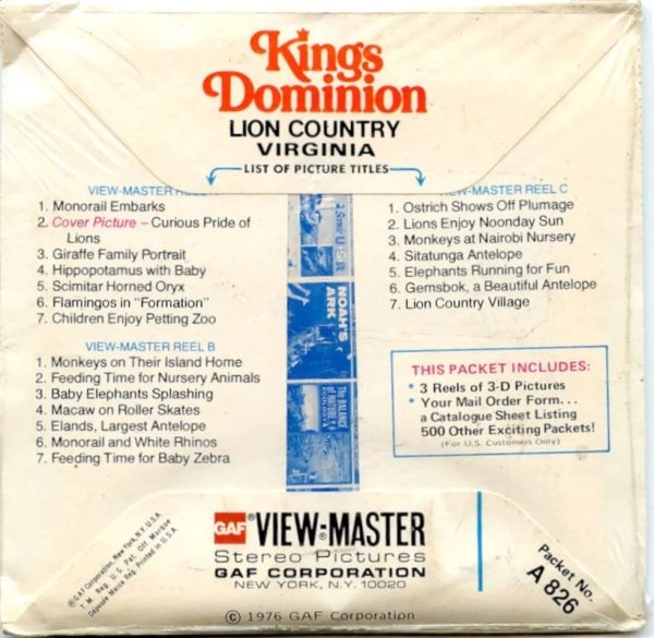 Kings Dominion Lion Country- Views-Master 3 Reel Packet - 1970s views - vintage ( PKT-A826-G5A) Online Sale