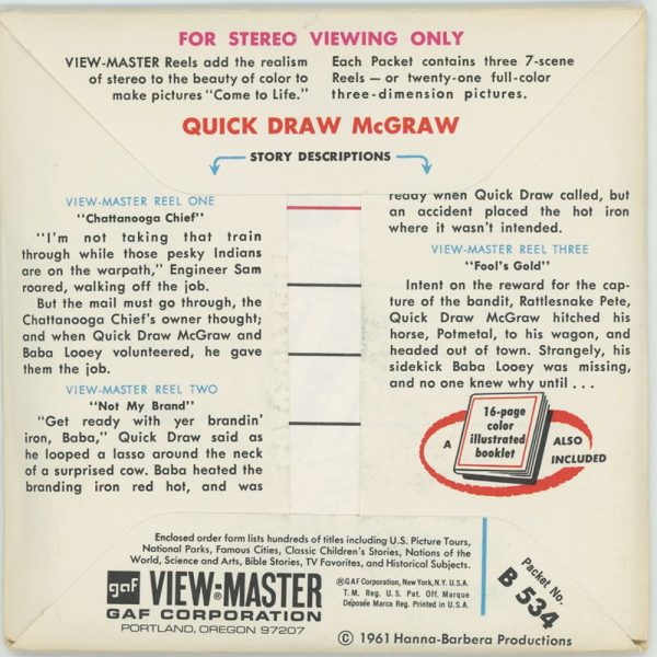 Quick Draw McGraw - View-Master 3 Reel Packet - 1960s - vintage -(PKT-B534-G1A) Online now