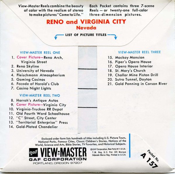 Reno & Virginia City -  View-Master  3 Reel Packet - 1960s views - vintage - (ECO-A157-G1 G2) For Cheap