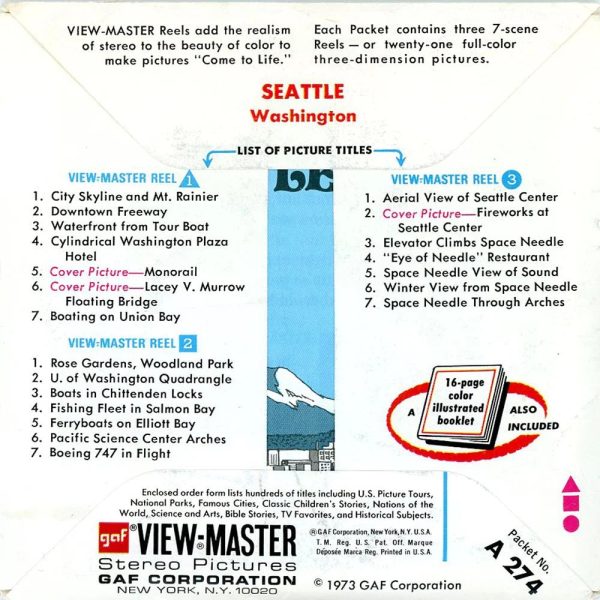 Seattle Washington - View-Master 3 Reel Packet - 1970s Views - Vintage - (PKT-A274-G3Ank) Sale