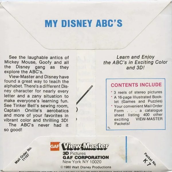 My Disney ABC - View-Master 3 Reel Packet - 1980s - vintage - K7-G6 - factory sealed For Sale