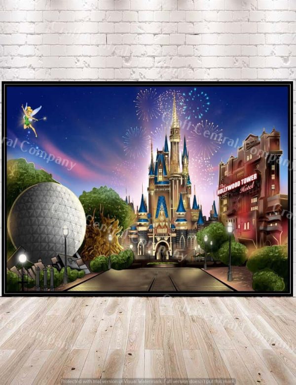 Disney Four parks Attraction Poster The most Magical place on Earth Magic Kingdom, Epcot, Hollywood Studios, Animal Kingdom For Discount