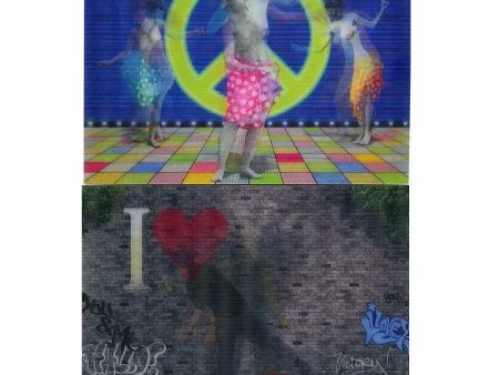 2- Postcards - I love You Graffiti - Nude Peace Sign Dancers - Motion Lenticular Postcards - NEW Cheap