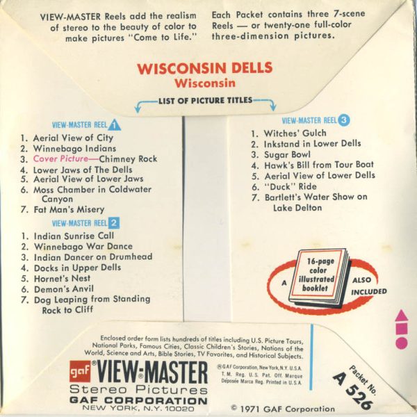 Wisconsin Dells - View-Master 3 Reel Packet - 1970s views - vintage - (PKT-A526-G3cm) on Sale