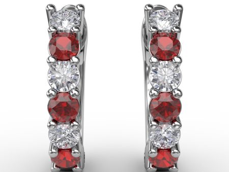 FANA Shared Prong Ruby and Diamond Hoop Earrings ER1494R For Sale