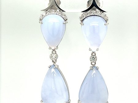 14K White Gold 30.88 CTW Chalcedony and Diamond Dangle Earrings For Sale