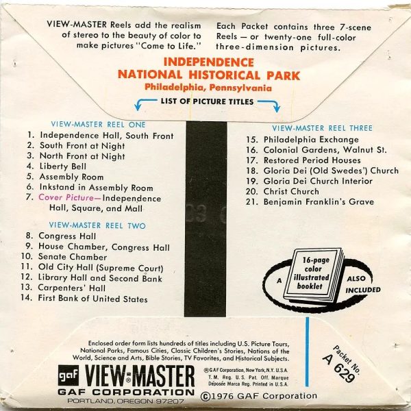 ViewMaster - Independence National Historical Park - A629 - Vintage 3 Reel Packet - 1960s views For Sale